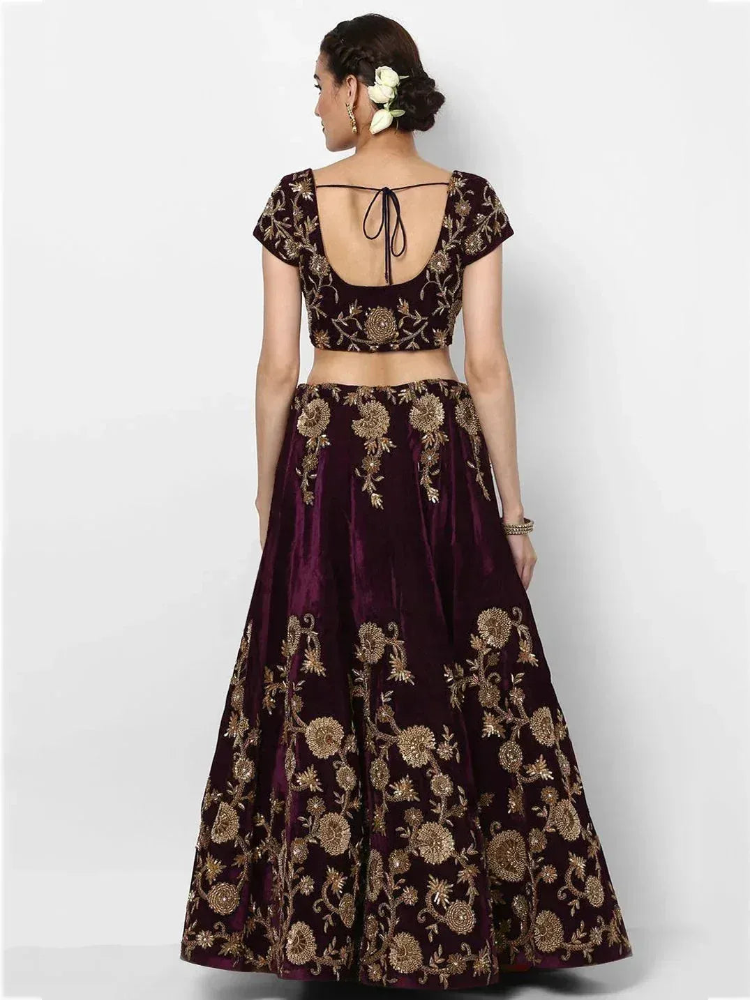 Purple velvet lehenga choli with gold floral embroidery, back view, ethnic wear for women