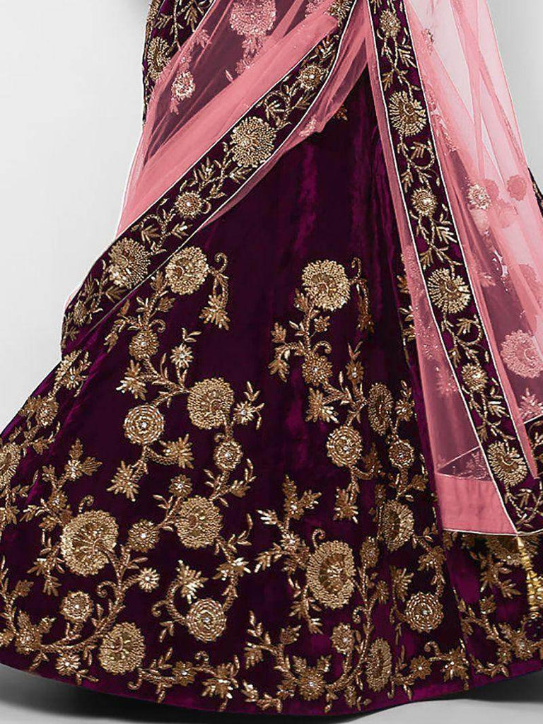 Purple Embroidered Velvet Bridal Lehenga Choli With Baby Pink Dupatta