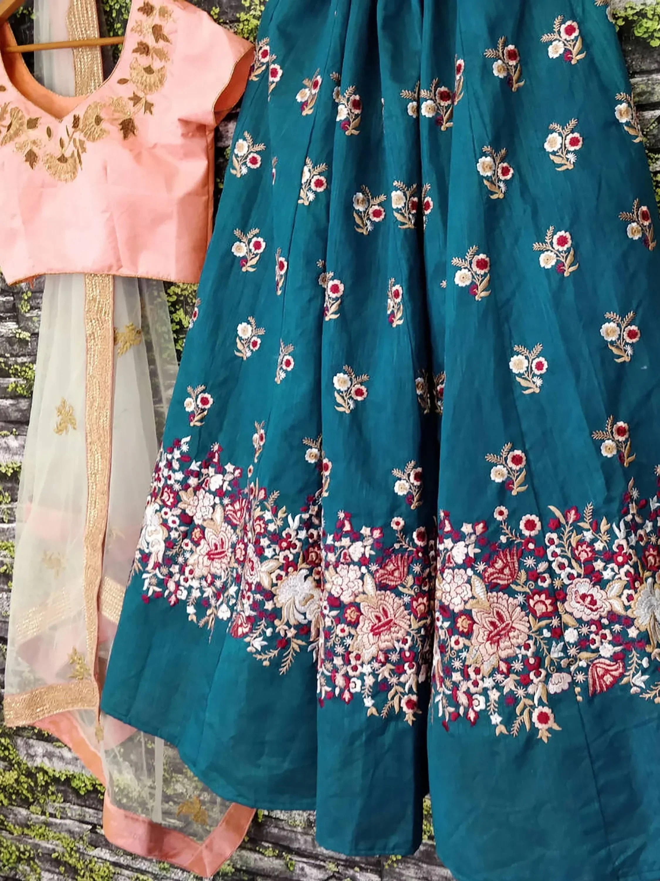 Teal floral embroidered lehenga with pink blouse, Indian ethnic wear for women