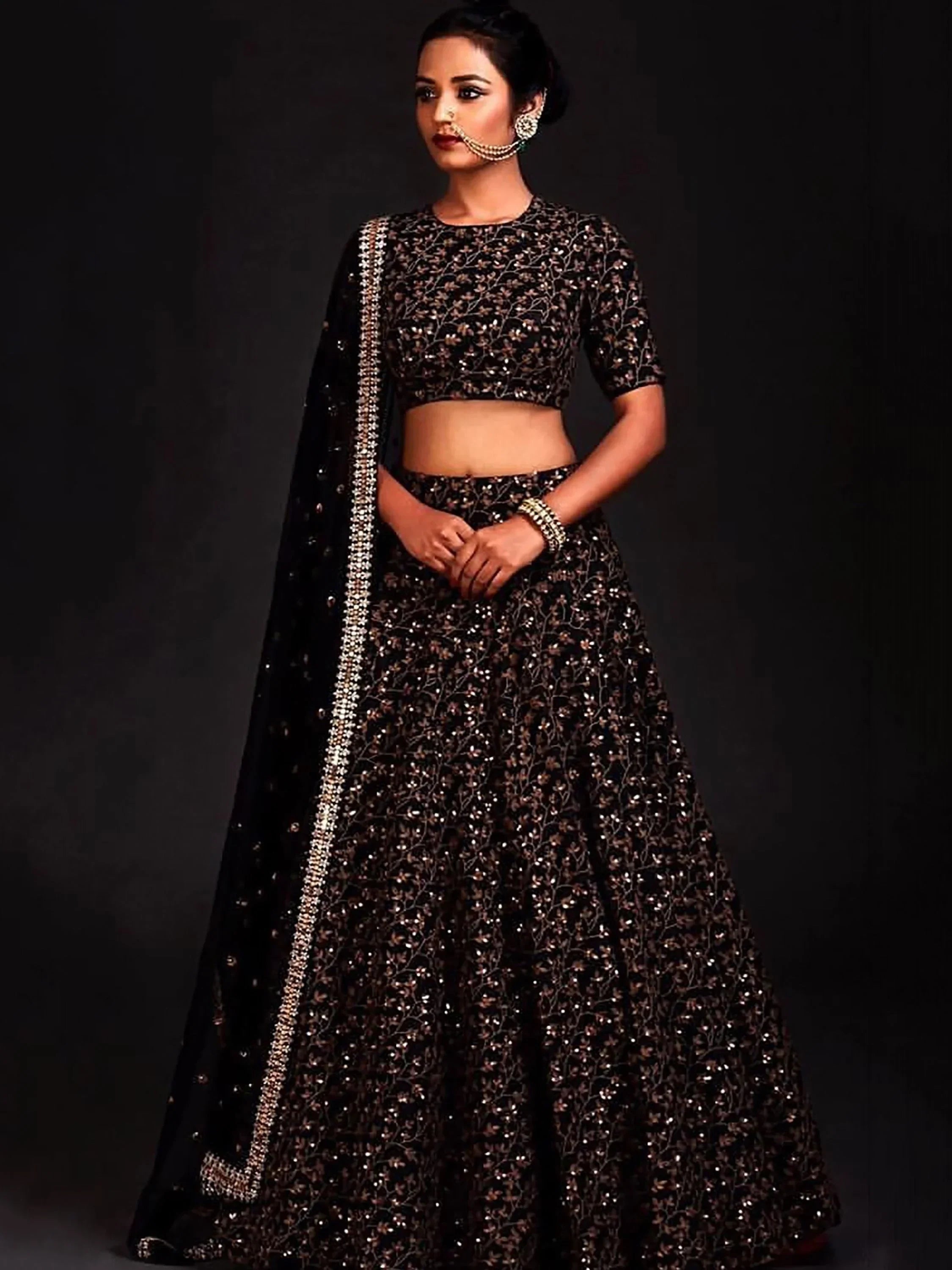 Black embroidered lehenga choli with sequin work and matching dupatta for Indian ethnic wear