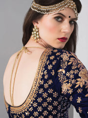 Blue Embroidered Velvet Wedding Lehenga Choli With Dupatta