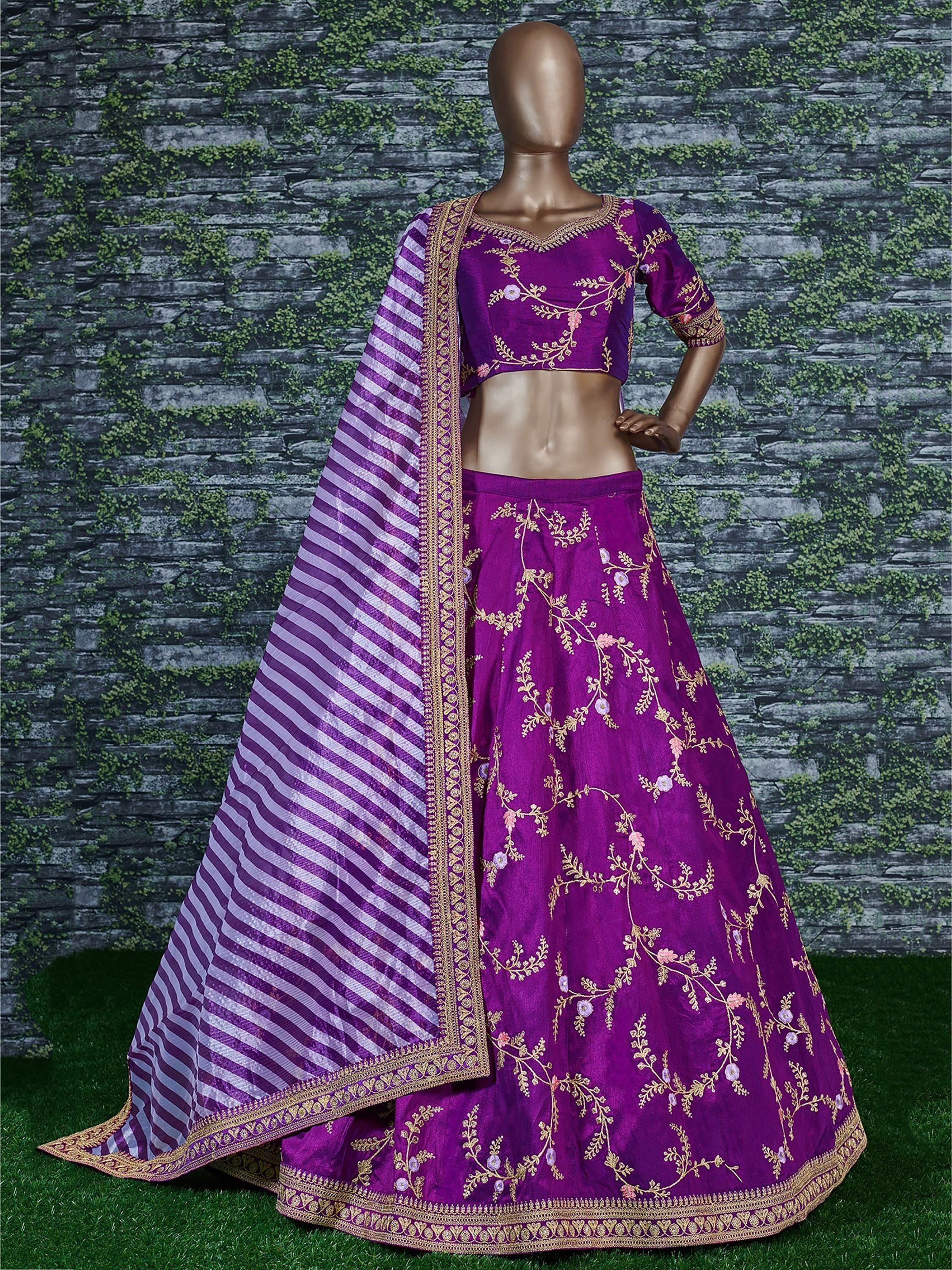 Purple embroidered lehenga choli with striped dupatta, Indian ethnic wear for women