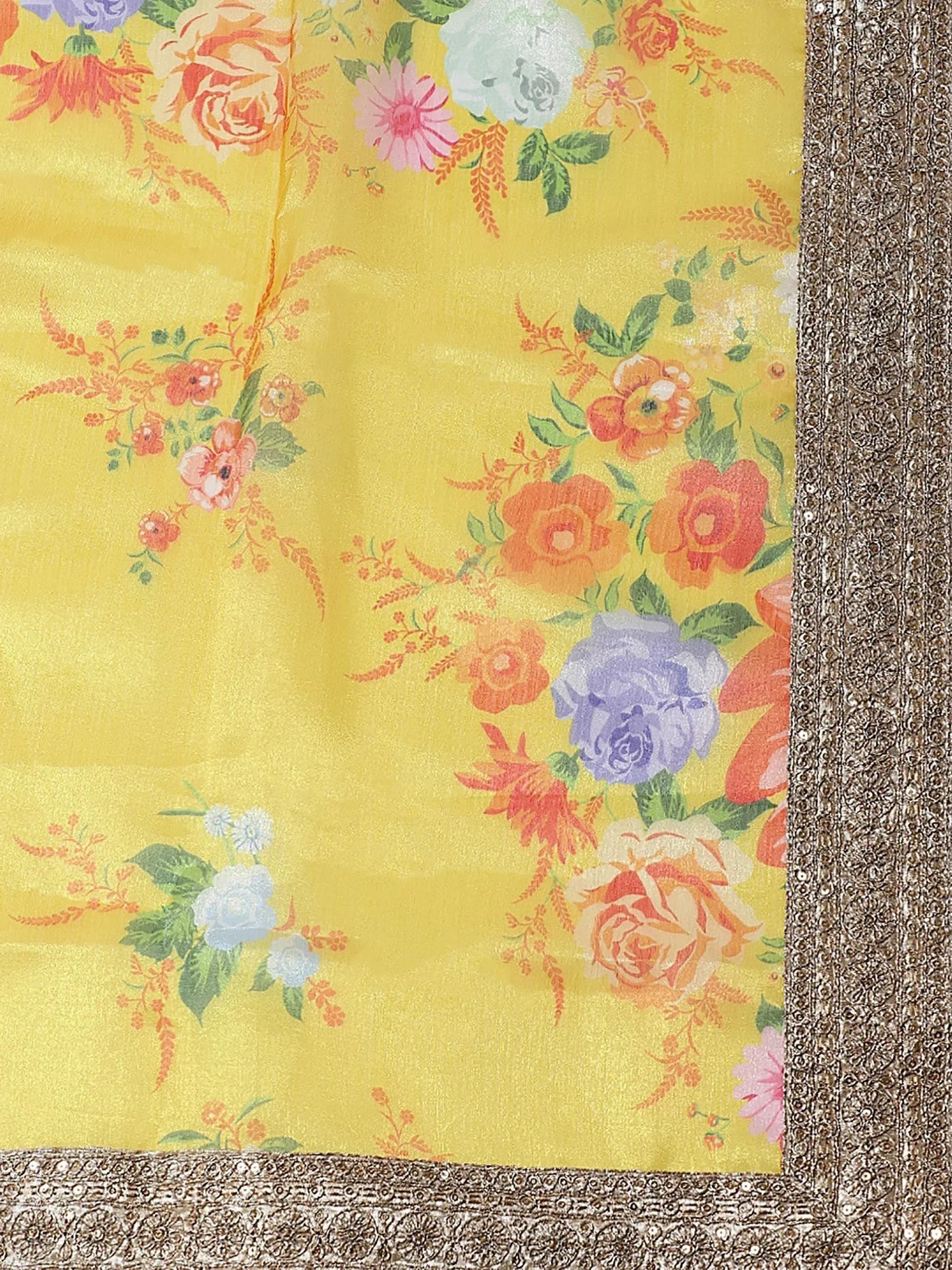 Yellow floral ethnic saree with sequin border, vibrant rose print, perfect for Indian occasions