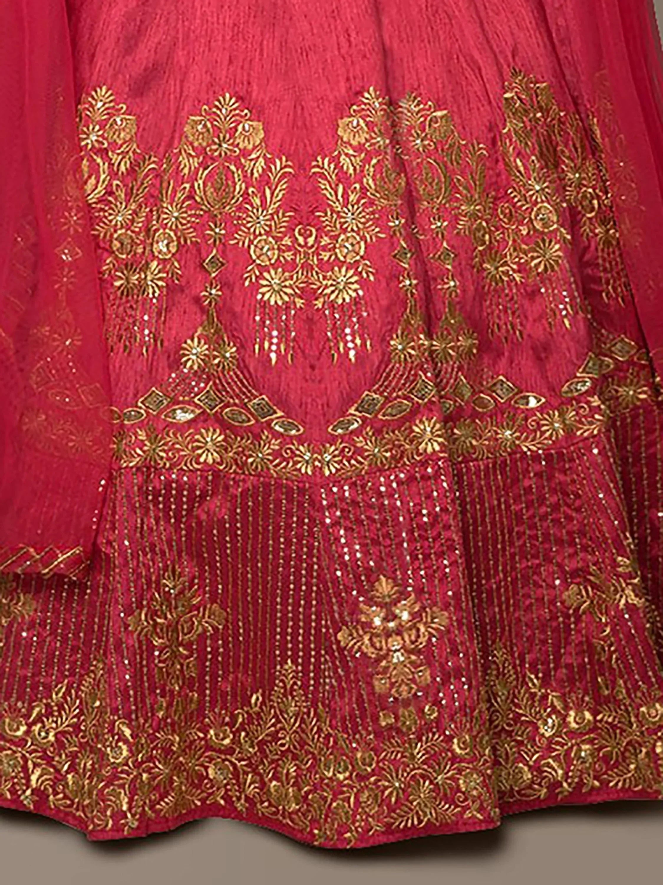 Red lehenga with gold embroidery and sequin detailing for Indian ethnic wear