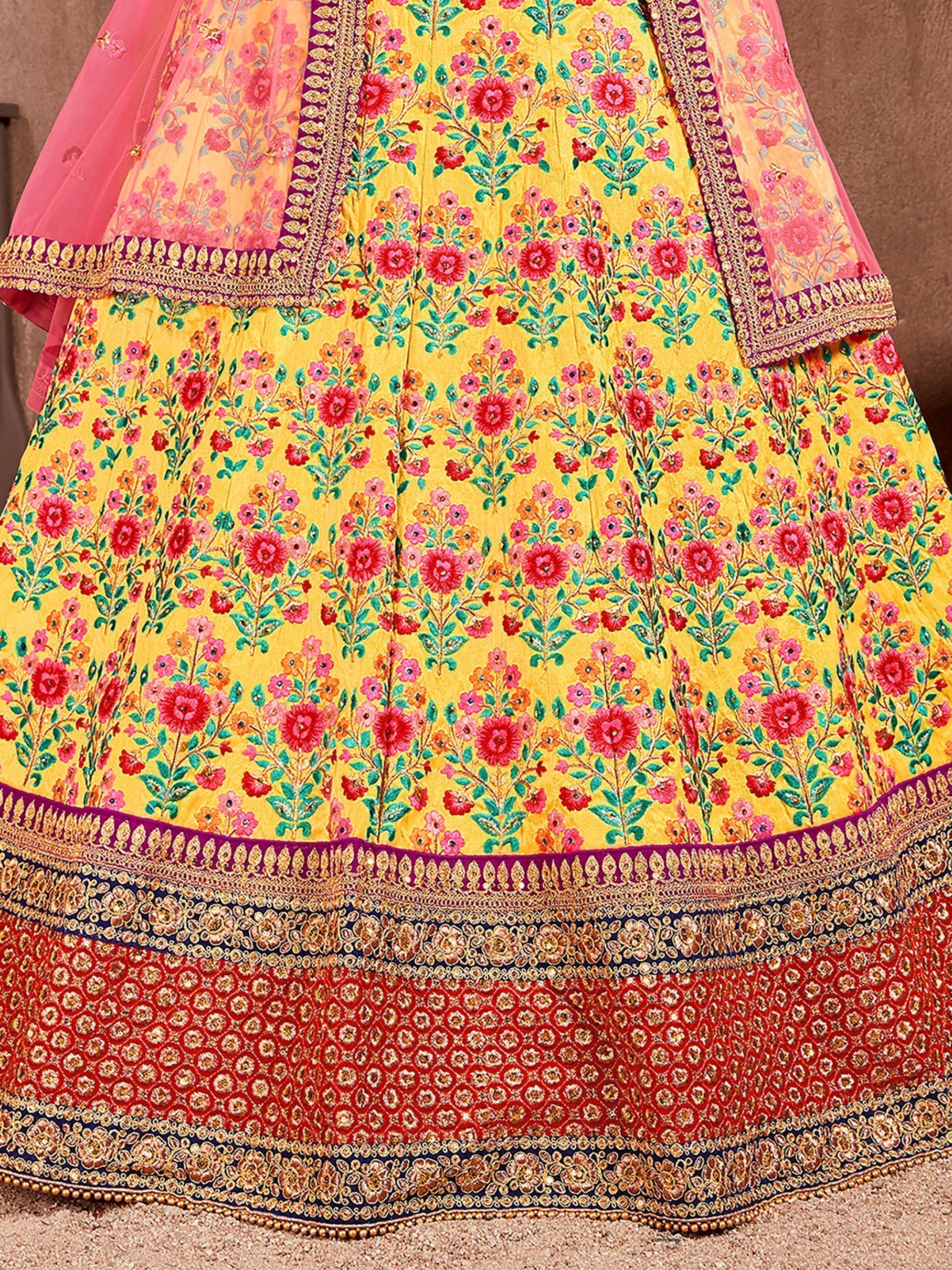 Yellow floral embroidered lehenga choli with pink dupatta, ethnic Indian wear for weddings and festivals