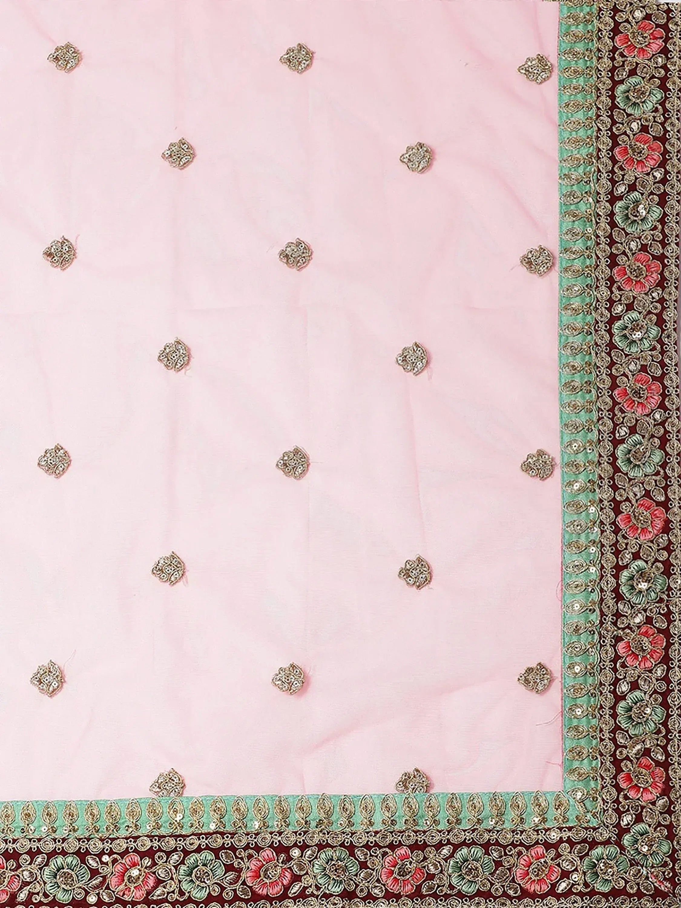 Pink ethnic dupatta with gold floral embroidery and colorful border for Indian wear