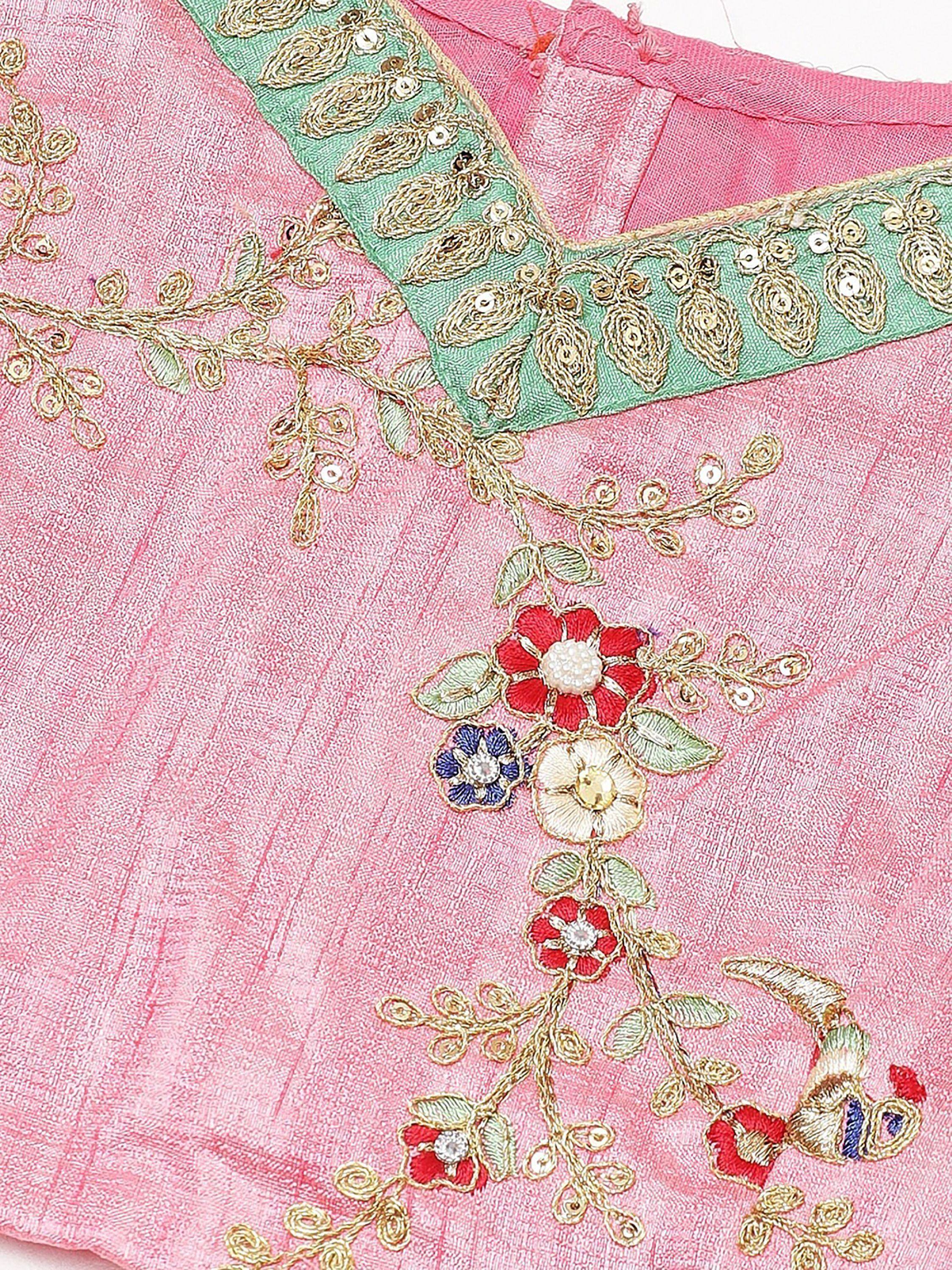 Pink ethnic blouse with gold floral embroidery and green border, perfect for designer lehenga choli sets