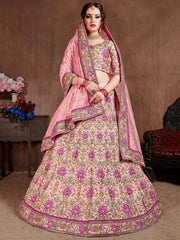 Peach Embroidered Taffeta Silk Bridal Wear Lehenga Choli