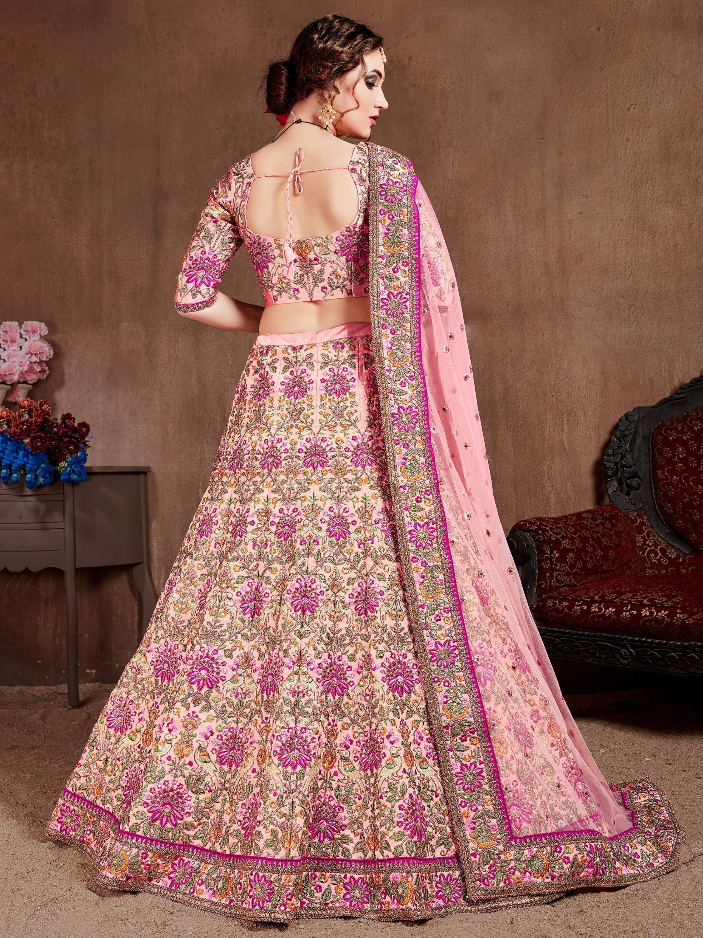 Pink floral embroidered lehenga choli with back tie blouse and dupatta, Indian ethnic wear