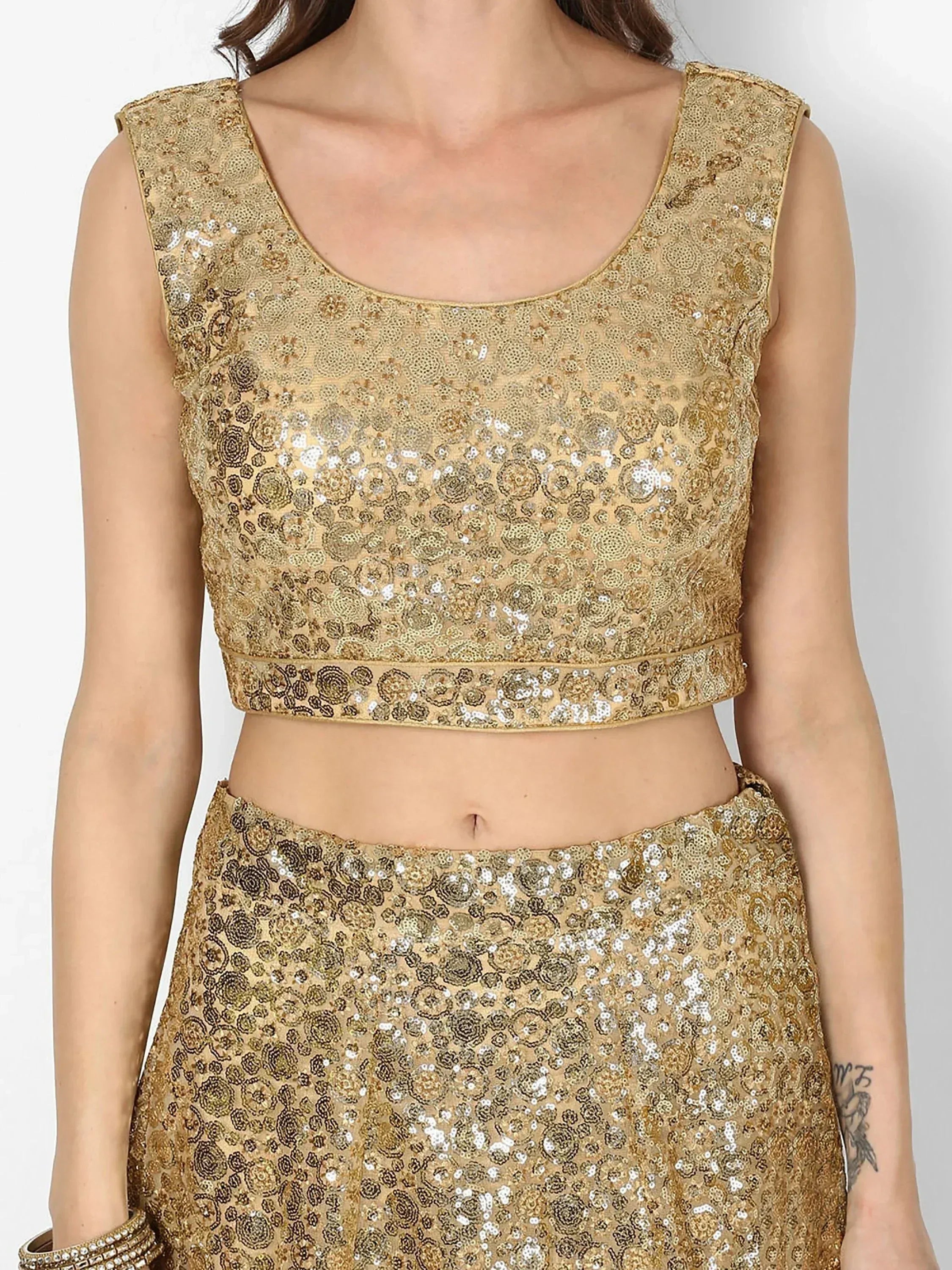 Gold sequin lehenga choli with floral embroidery, ethnic Indian wear for weddings and parties