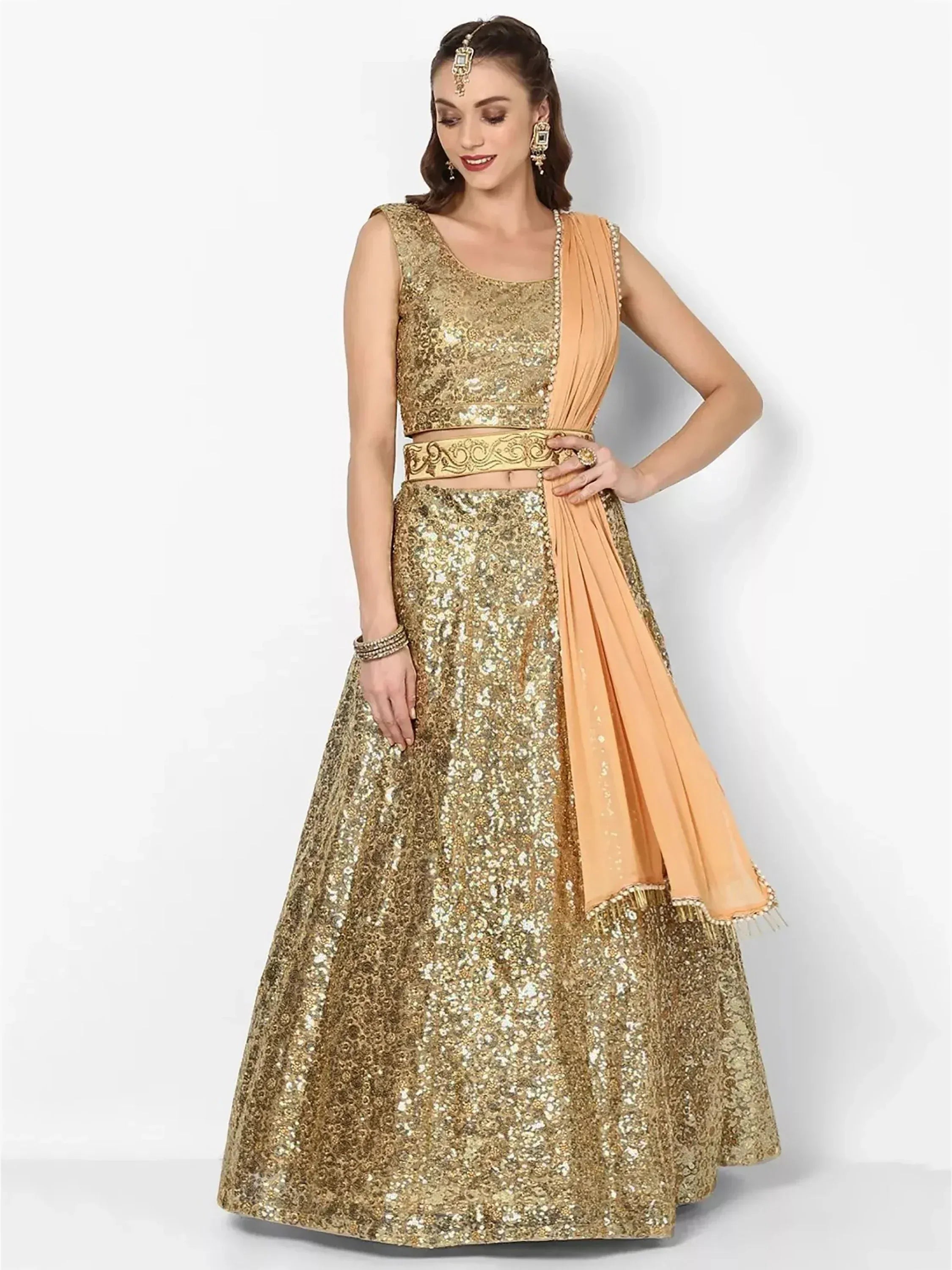 Gold sequin lehenga choli with peach dupatta, Indian ethnic wear for weddings and festivals