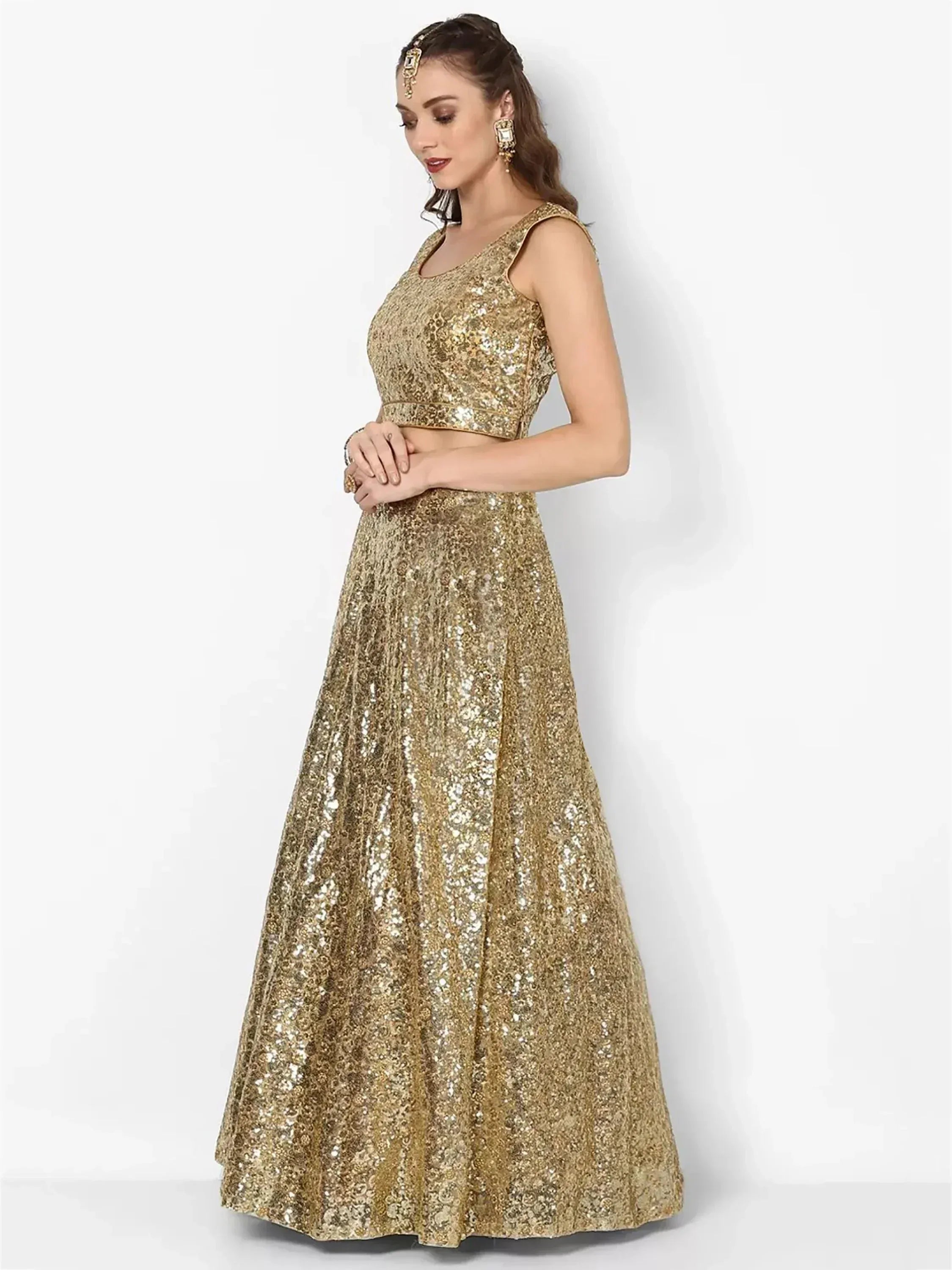 Golden sequin lehenga choli for Indian weddings, festive occasions, and ethnic events