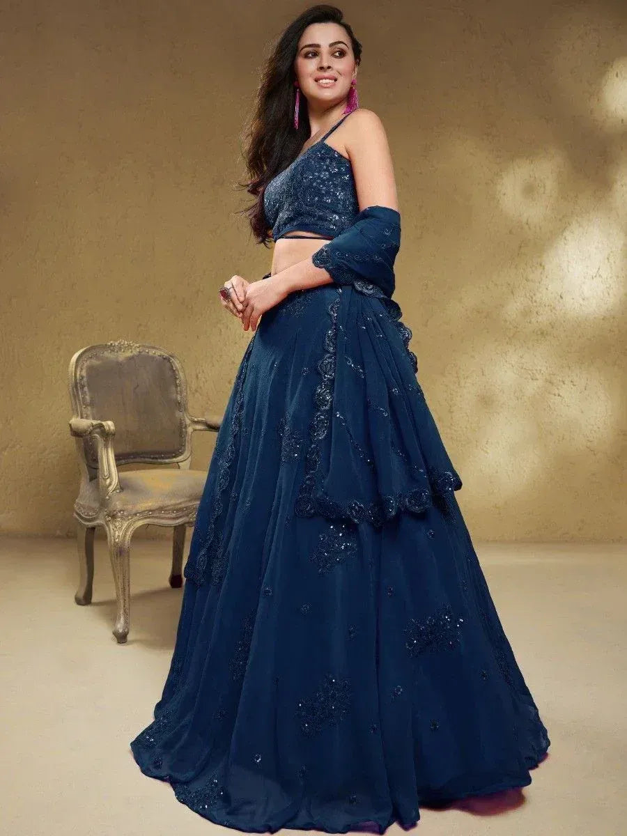Navy blue designer lehenga choli with sequin embroidery, perfect for Indian ethnic occasions