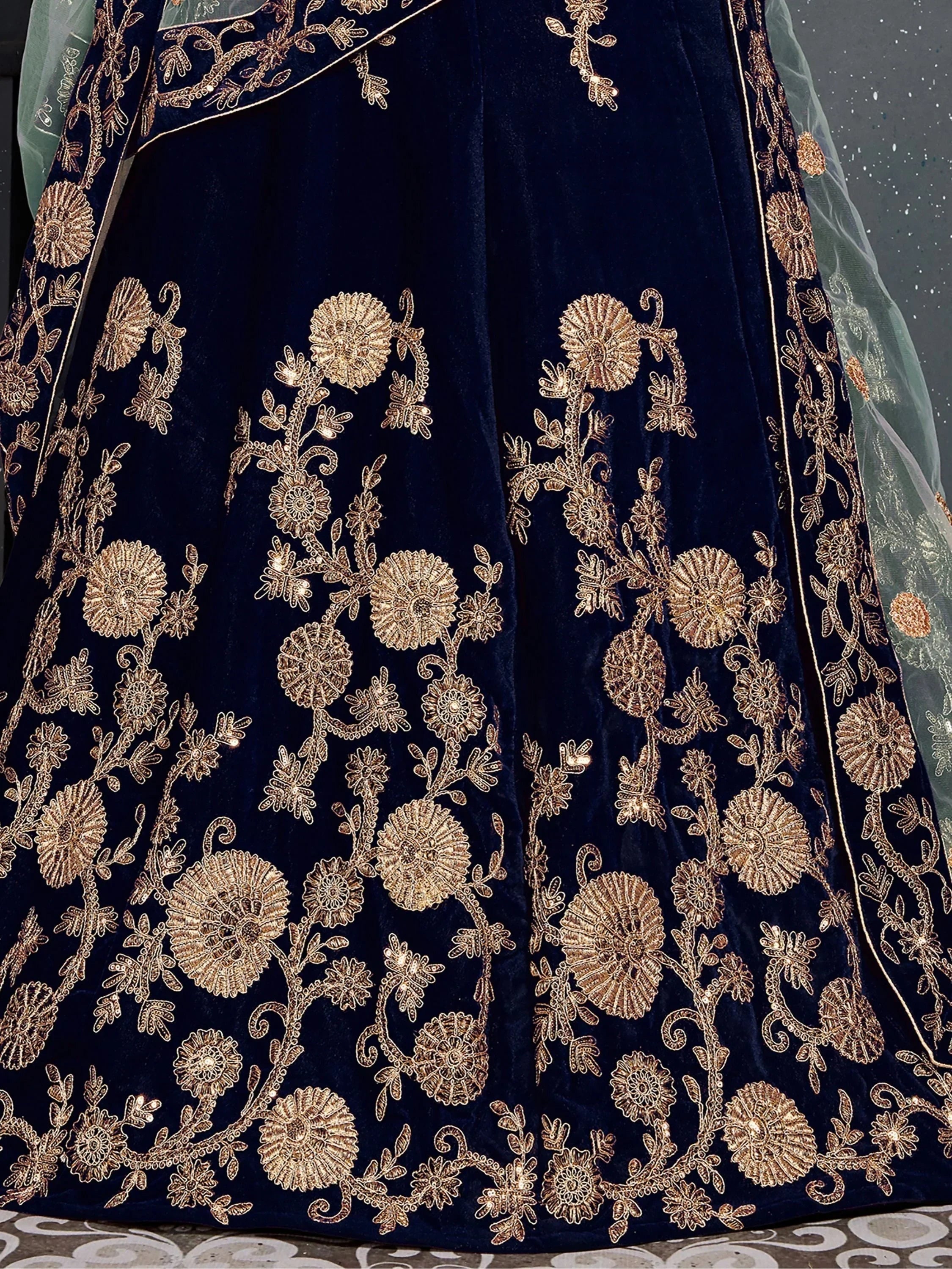 Navy blue velvet lehenga with gold floral embroidery and sheer dupatta, Indian ethnic wear