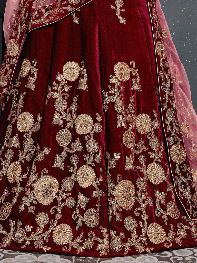 Maroon Embroidered Velvet Bridal Lehenga Choli With Dupatta