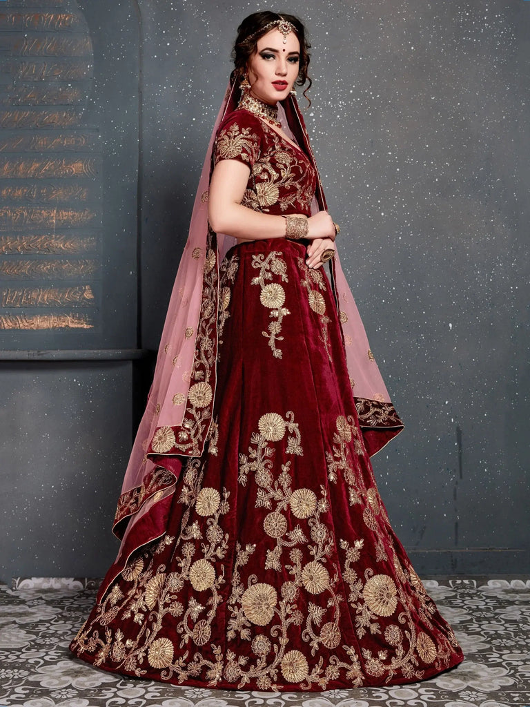 Maroon Embroidered Velvet Bridal Lehenga Choli With Dupatta