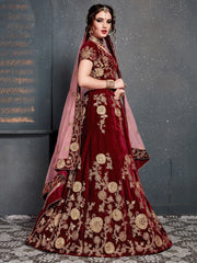 Maroon Embroidered Velvet Bridal Lehenga Choli With Dupatta
