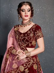 Maroon Embroidered Velvet Bridal Lehenga Choli With Dupatta