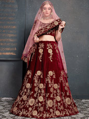 Maroon Embroidered Velvet Bridal Lehenga Choli With Dupatta