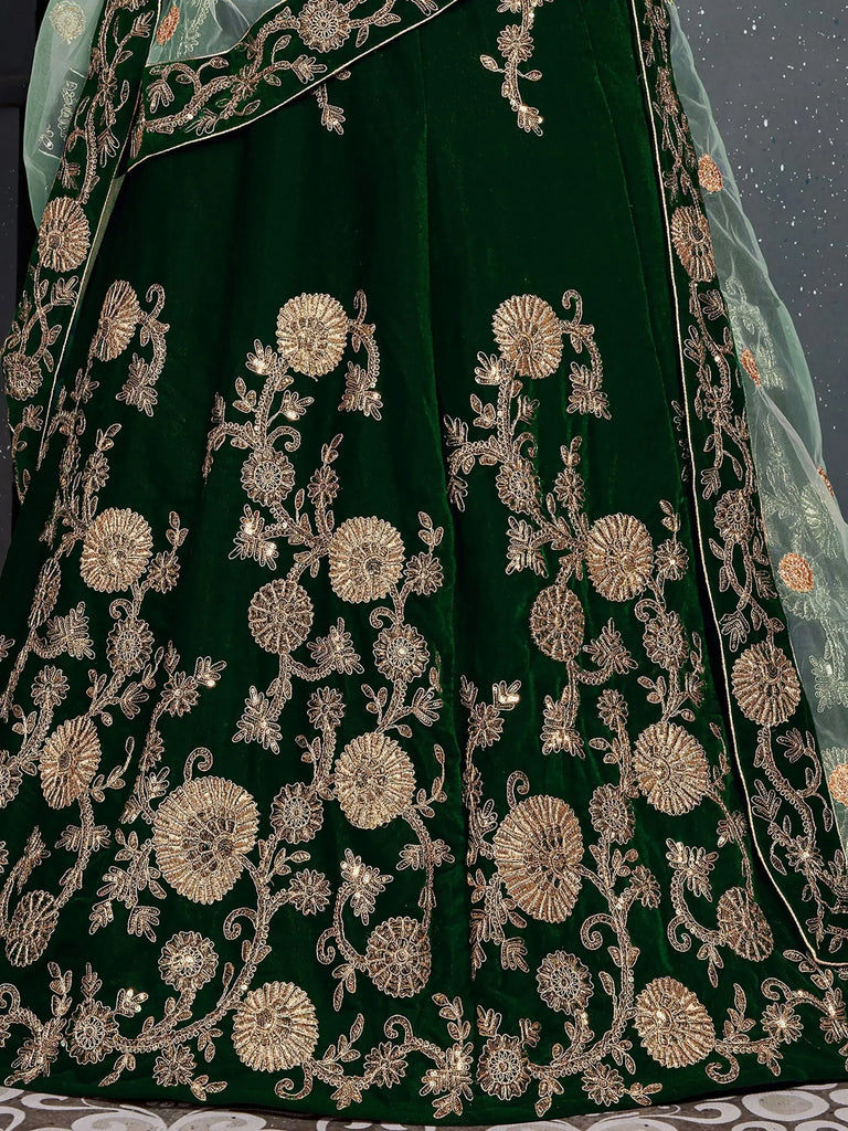 Bottle Green Embroidered Velvet Bridal Lehenga Choli