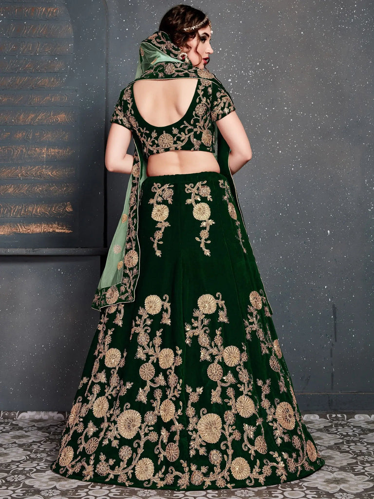 Bottle Green Embroidered Velvet Bridal Lehenga Choli