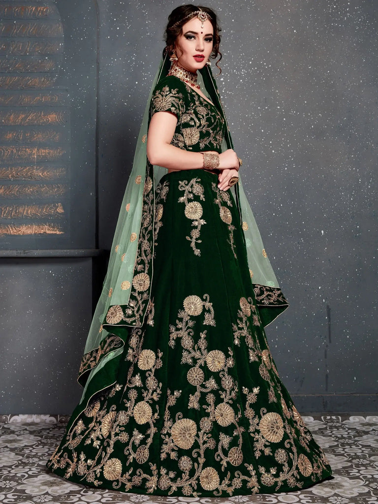 Bottle Green Embroidered Velvet Bridal Lehenga Choli