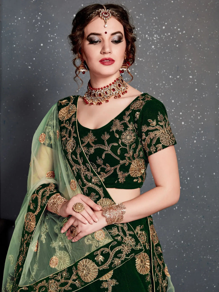 Bottle Green Embroidered Velvet Bridal Lehenga Choli