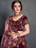 Purple Embroidered Velvet Wedding Lehenga Choli