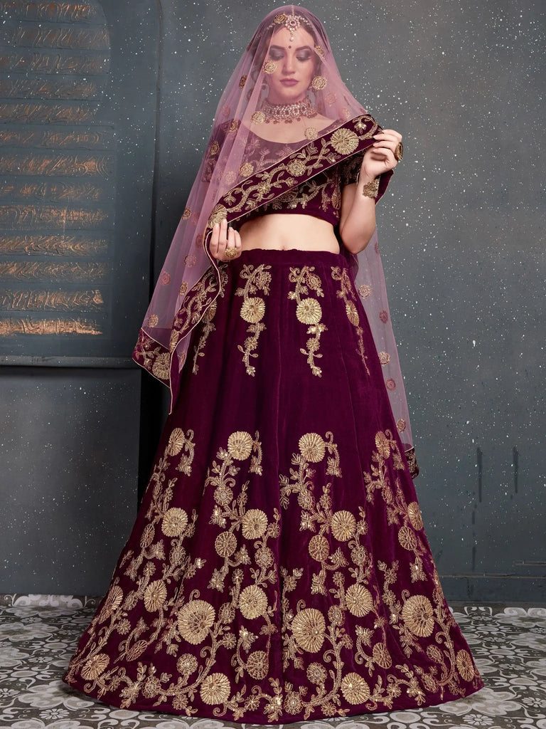 Purple Embroidered Velvet Wedding Lehenga Choli