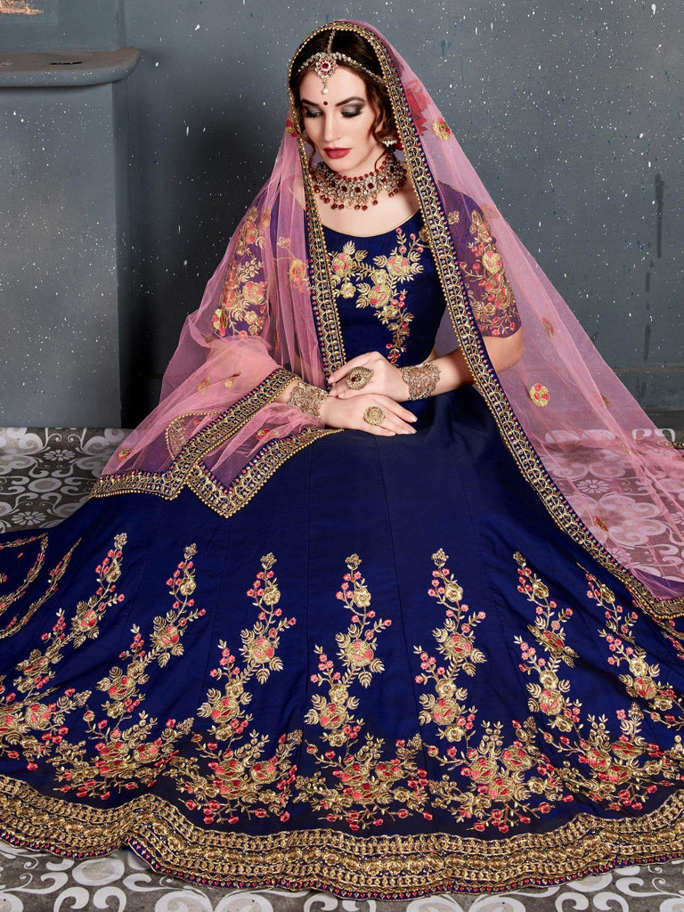 Navy Blue Embroidered Taffeta Silk Bridal Lehenga Choli With Dupatta