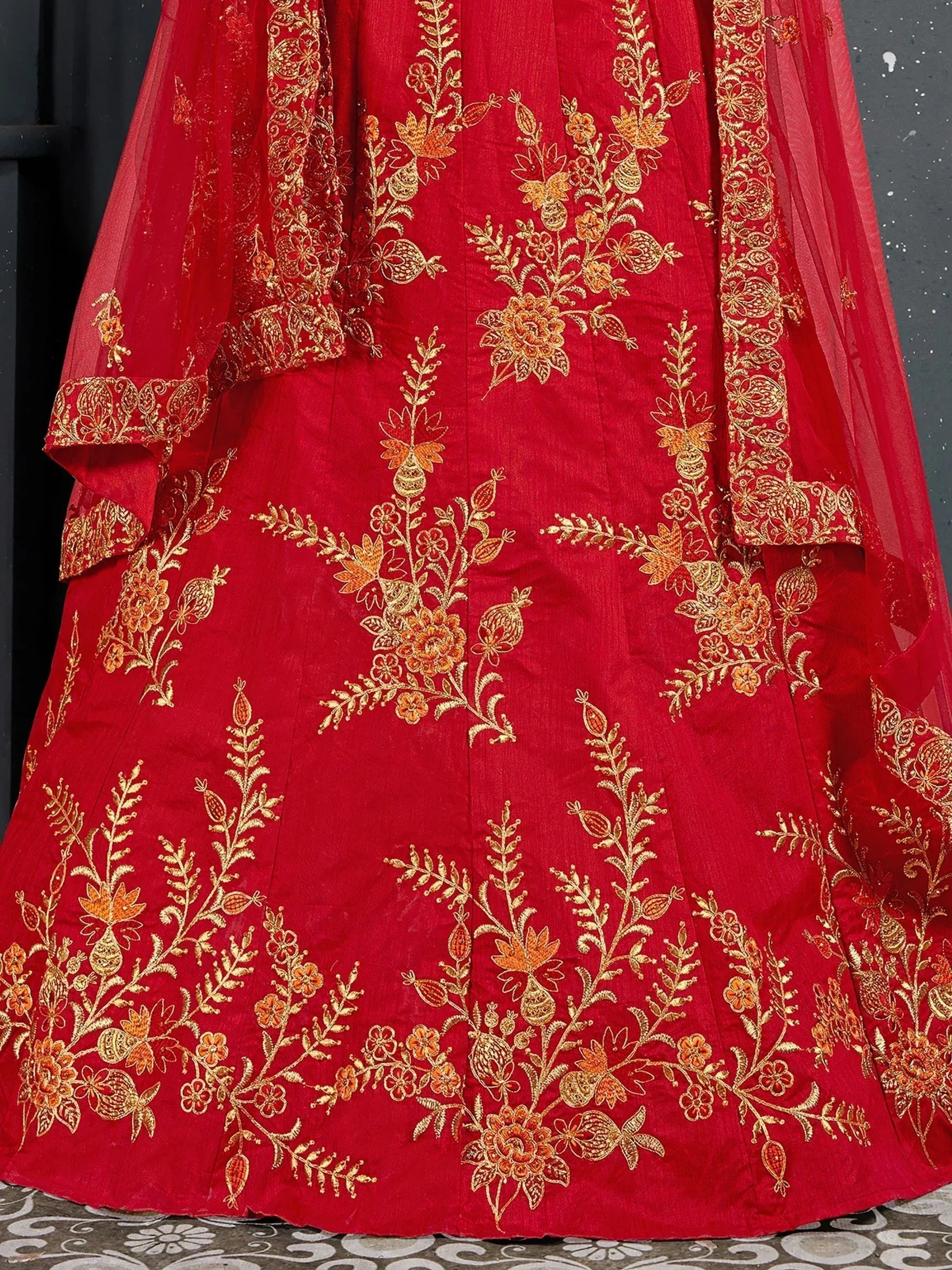 Red lehenga choli with gold floral embroidery, Indian ethnic wear for weddings and festivals
