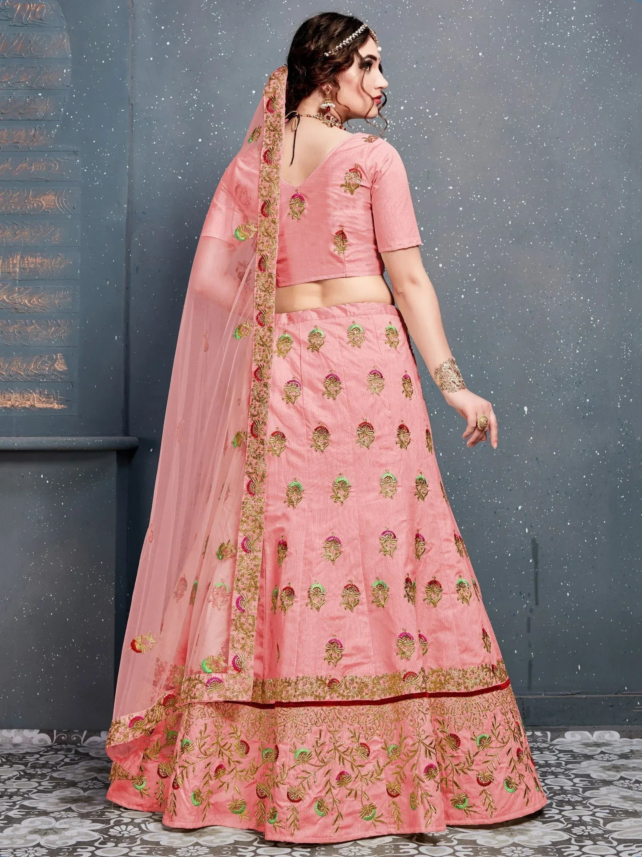 Pink embroidered lehenga choli with floral motifs and dupatta, Indian ethnic wear for women