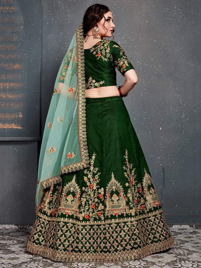 Bottle Green Embroidered Silk Bridal Lehenga Choli