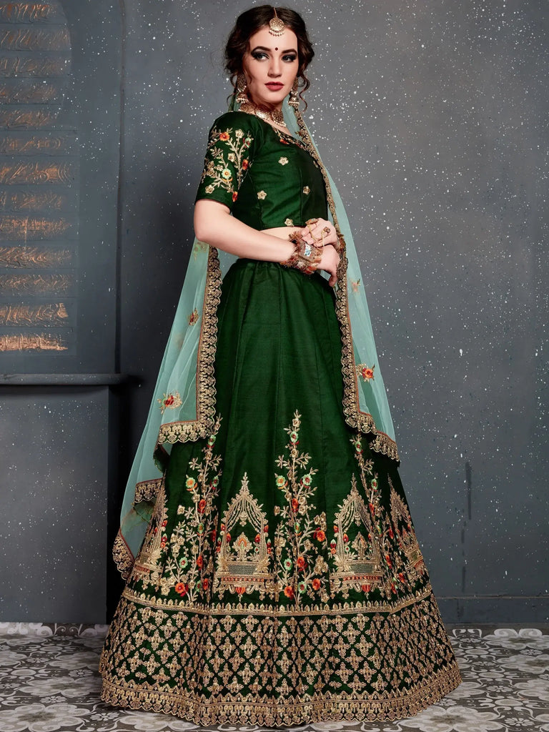 Bottle Green Embroidered Silk Bridal Lehenga Choli