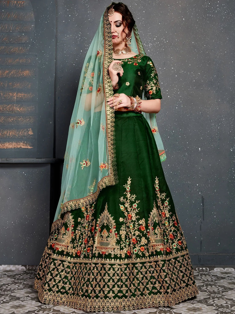 Bottle Green Embroidered Silk Bridal Lehenga Choli