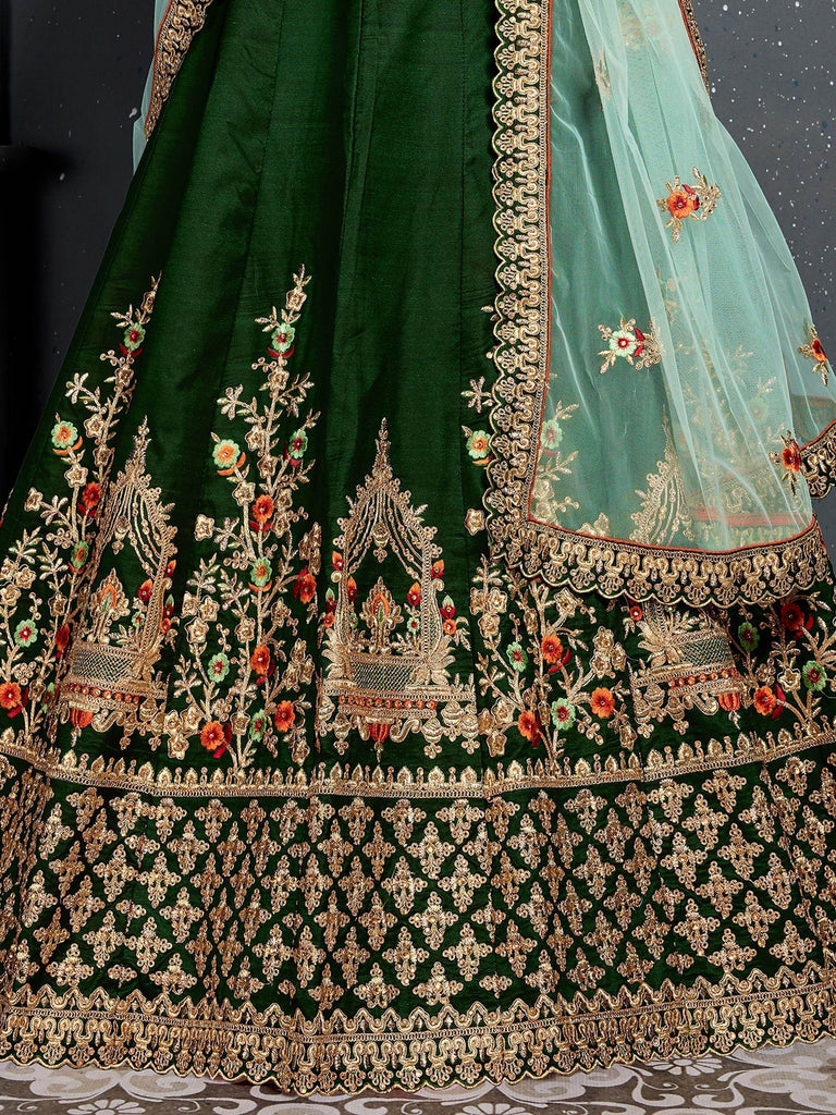 Bottle Green Embroidered Silk Bridal Lehenga Choli