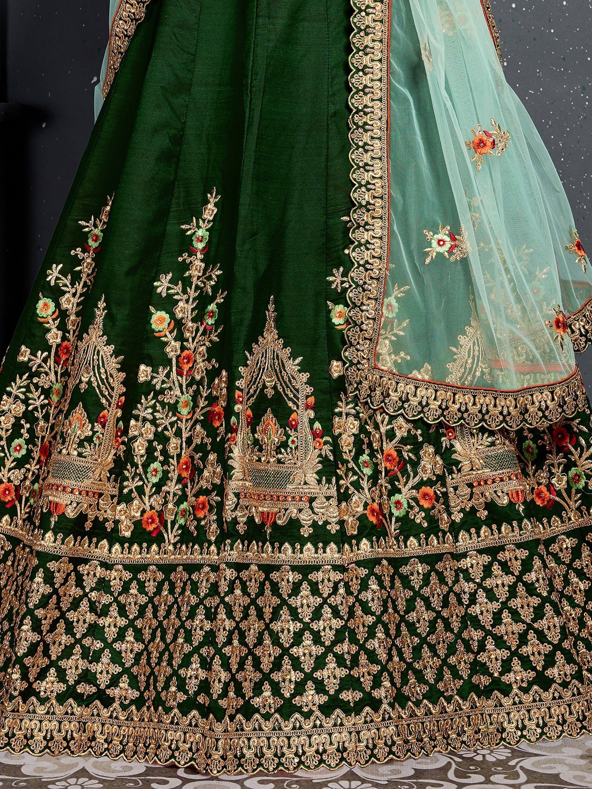 Emerald green lehenga with gold floral embroidery and sheer mint dupatta, Indian ethnic wear