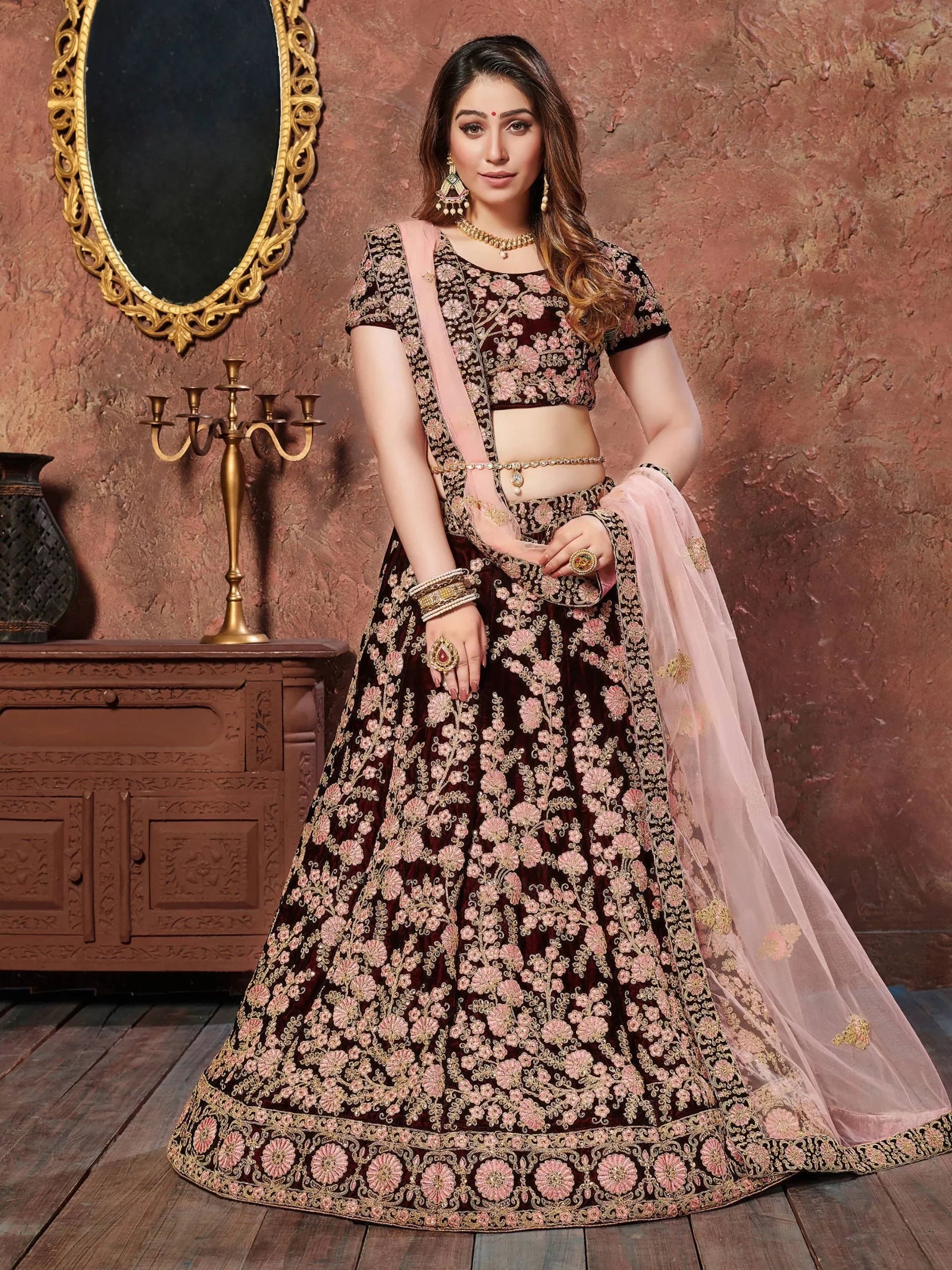 Maroon Thread Embroidery Velvet Silk Bridal Wear Lehenga Choli and Pastel Pink Dupatta