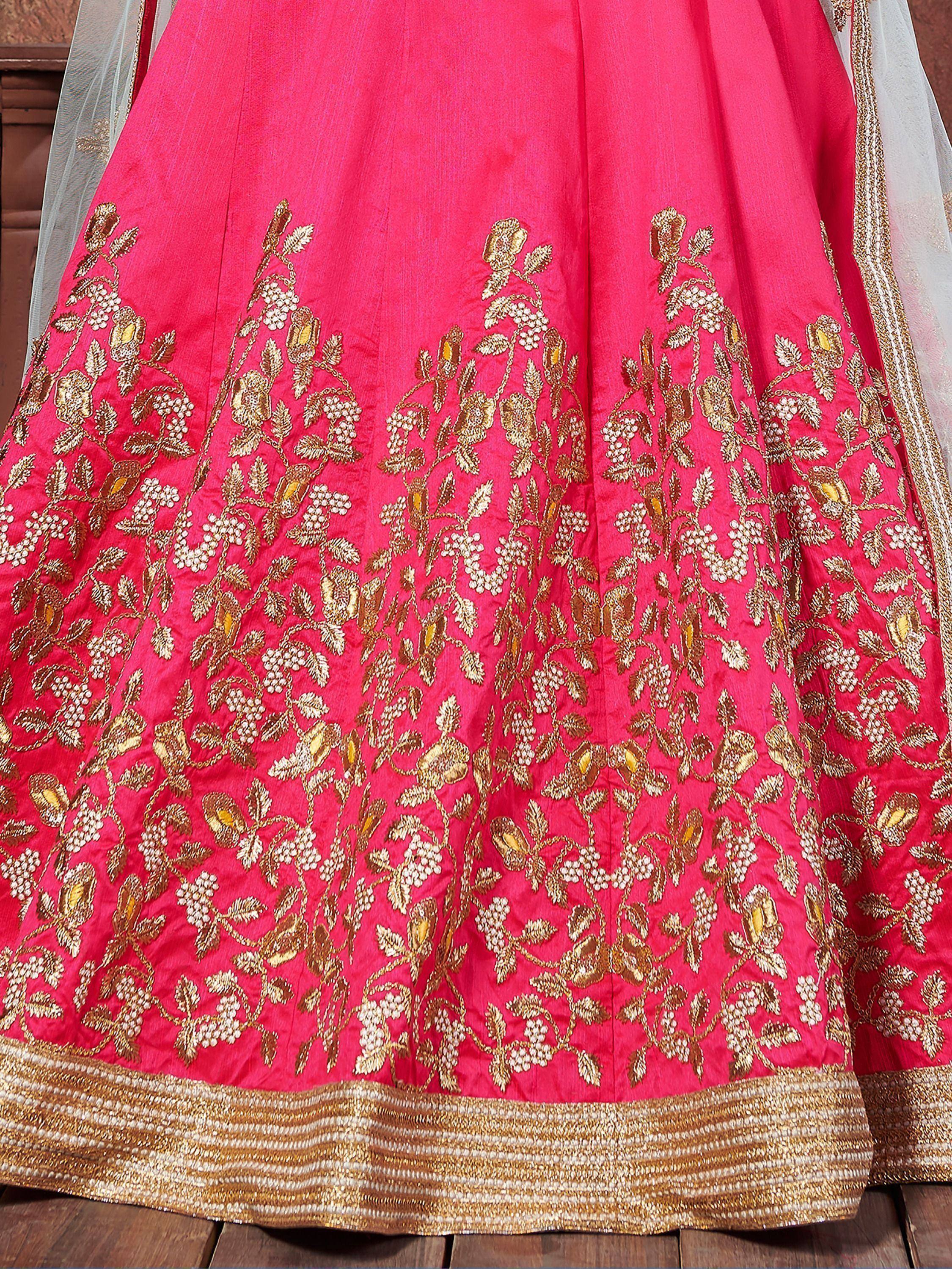 Pink lehenga with gold floral embroidery and border, Indian ethnic wear