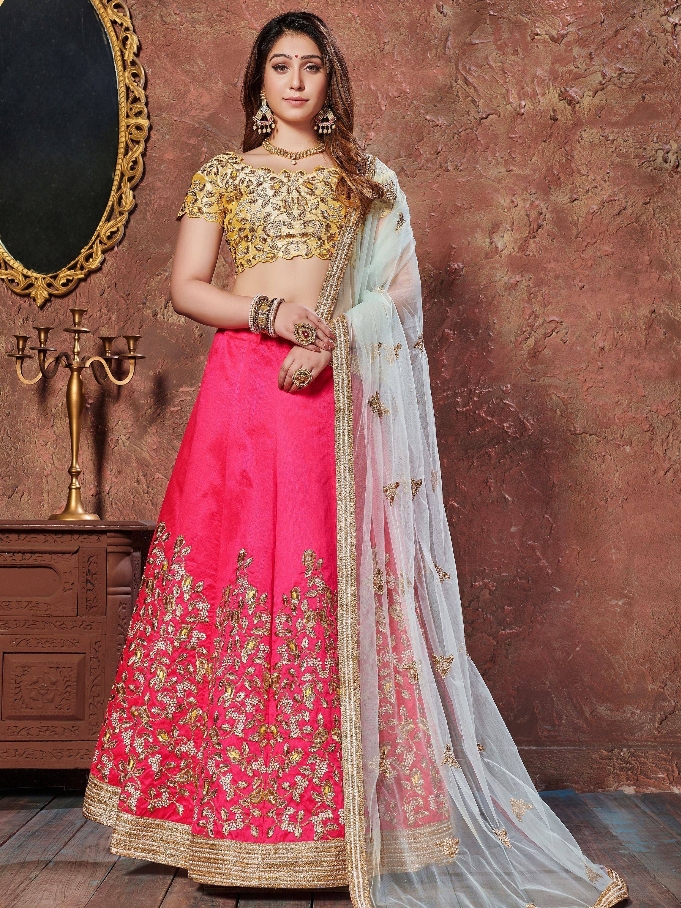 Pink and gold embroidered lehenga choli with sheer dupatta, Indian ethnic wear for weddings and parties