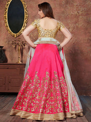 Pink Thread Embroidery Silk Bridal Lehenga With Yellow Choli and Dupatta