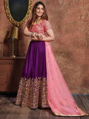 Purple Sequins Silk Wedding Lehenga With Pastel Pink Choli and Dupatta