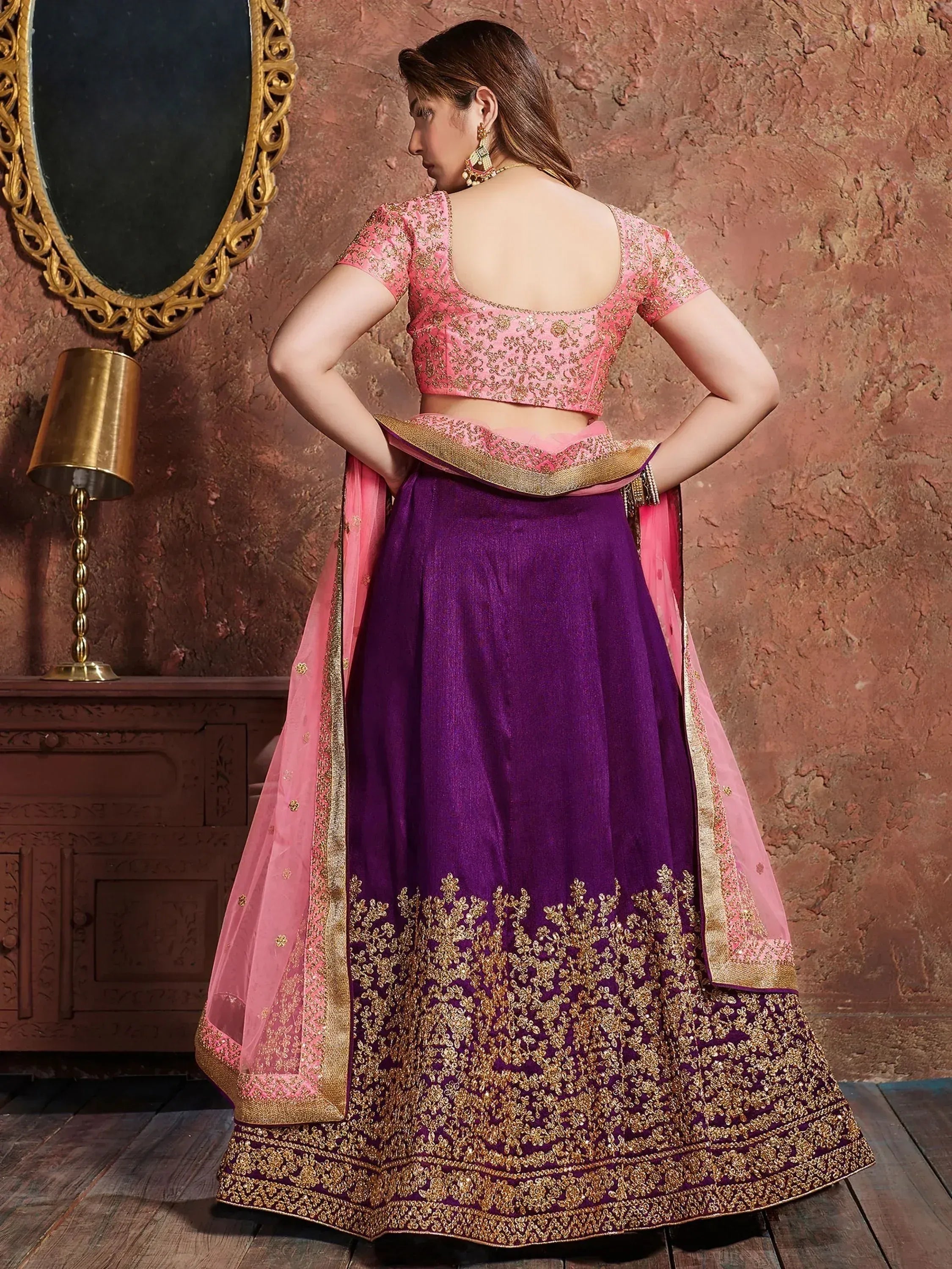 Pink and purple designer lehenga choli with gold embroidery, ethnic Indian wear for women