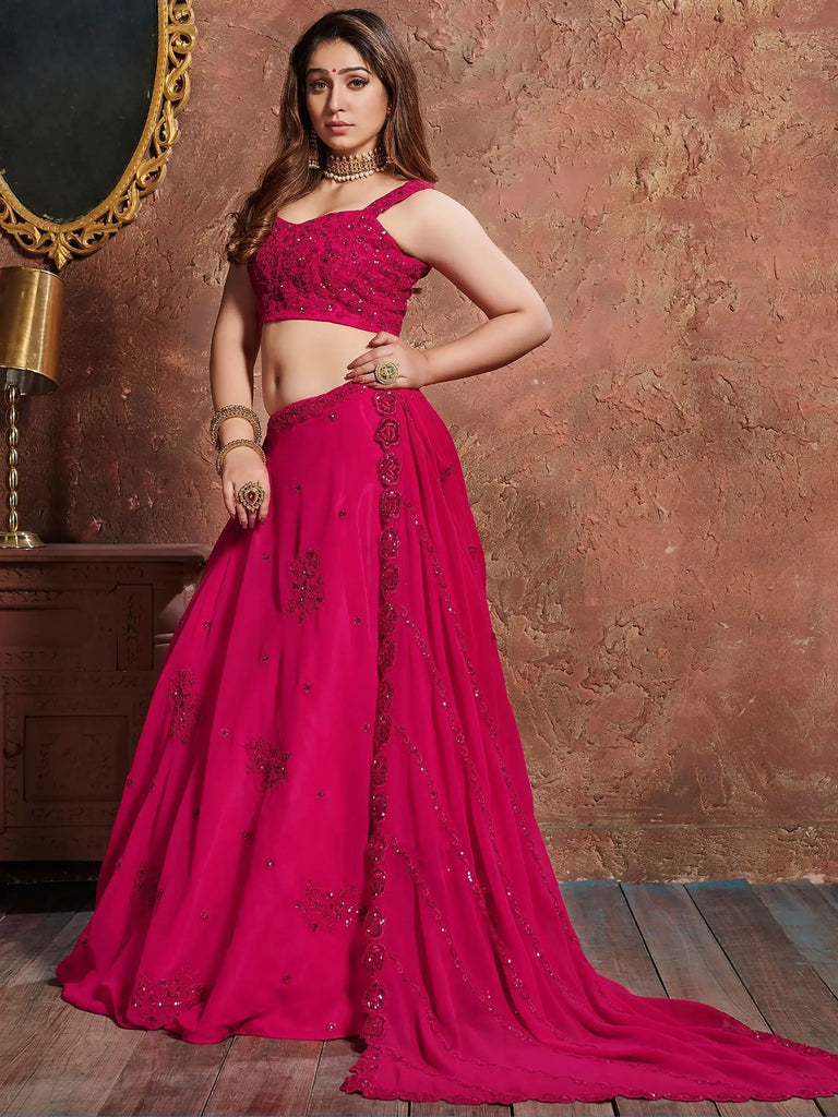 Pink Sequins Georgette Wedding Lehenga Choli With Dupatta