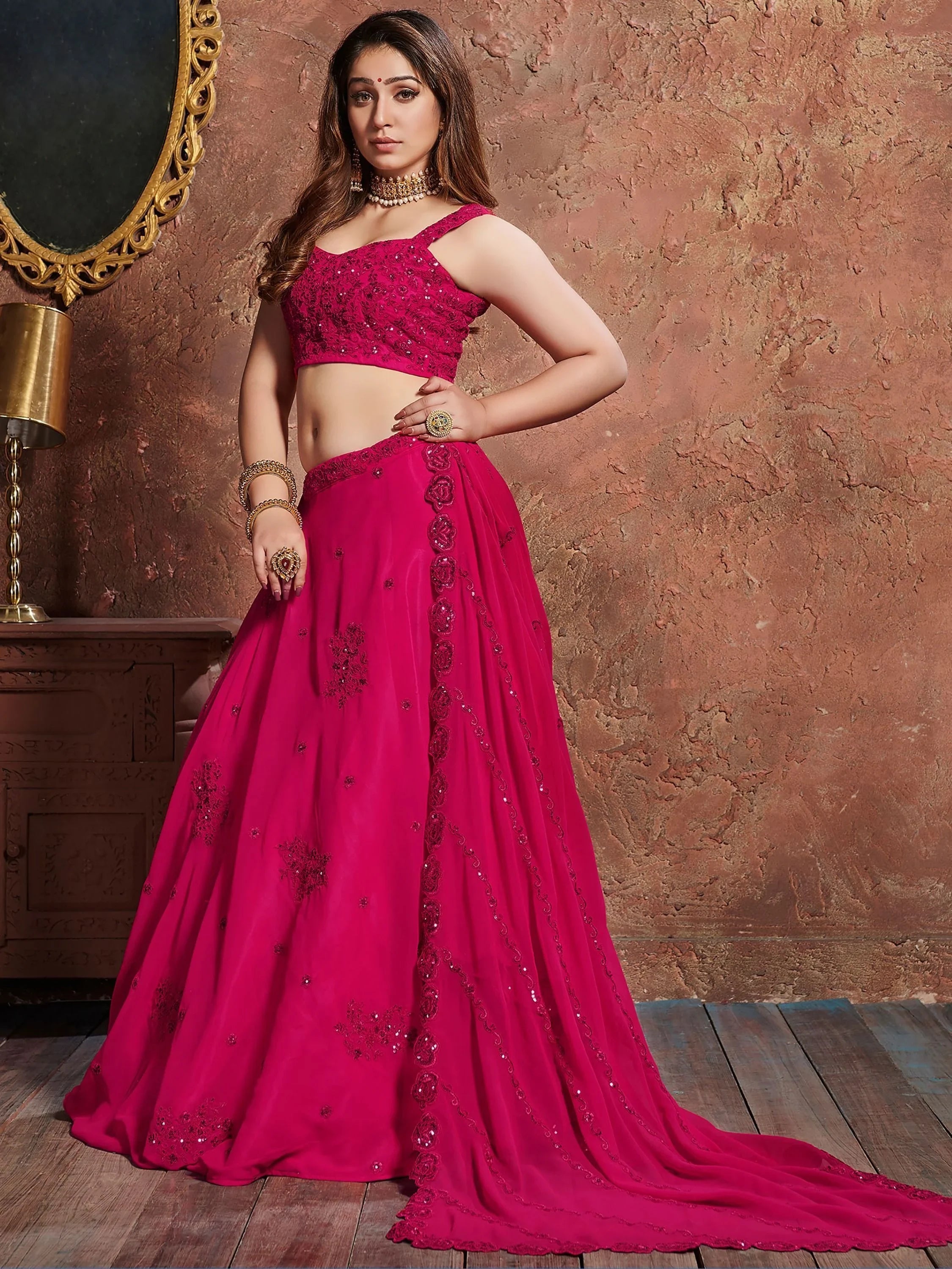 Pink Sequins Georgette Wedding Lehenga Choli With Dupatta
