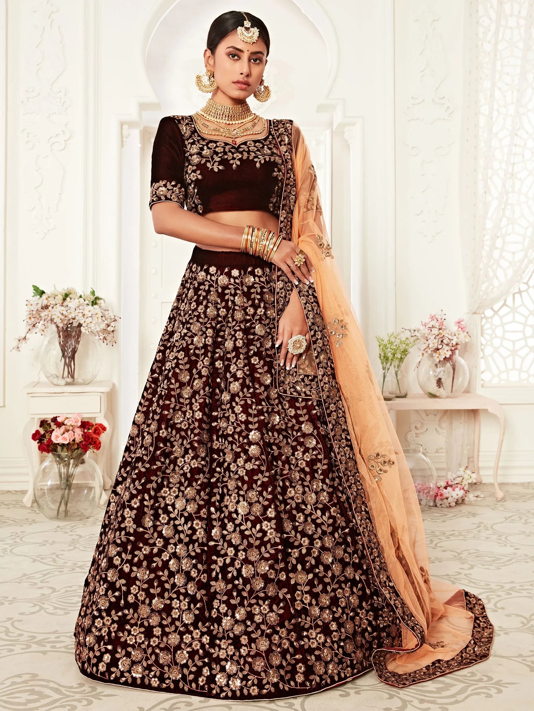 Maroon Heavy Embroidery Velvet Bridal Lehenga Choli