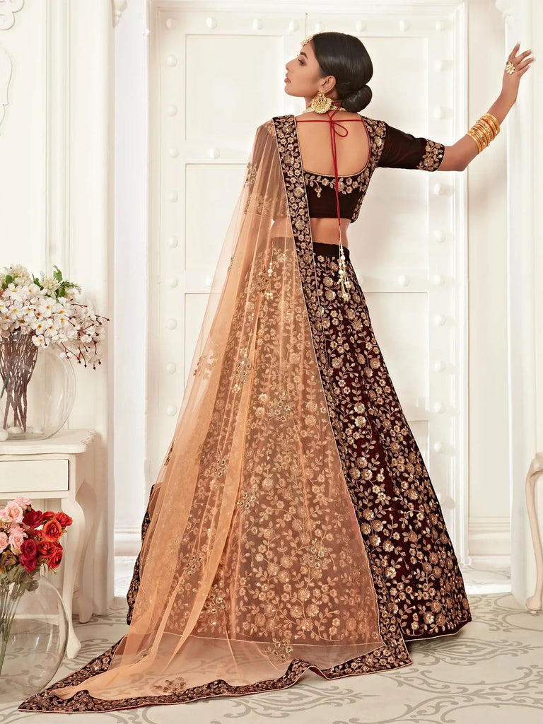 Maroon Heavy Embroidery Velvet Bridal Lehenga Choli