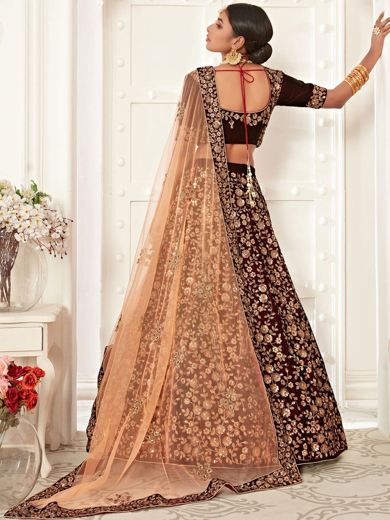 Classic Maroon Embroidered Velvet Wedding Wear Plus Size Lehenga Choli