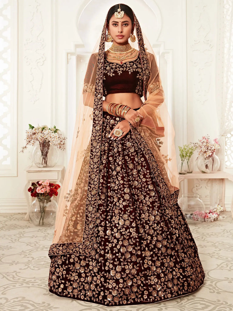 Maroon Heavy Embroidery Velvet Bridal Lehenga Choli