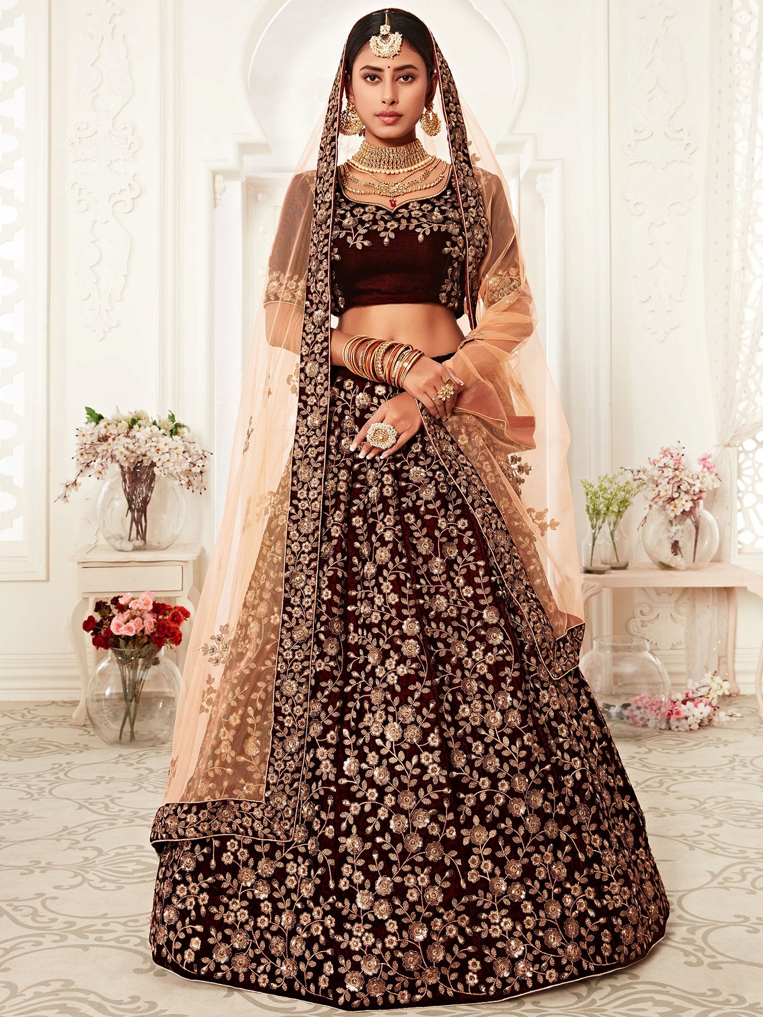 Classic Maroon Embroidered Velvet Wedding Wear Plus Size Lehenga Choli